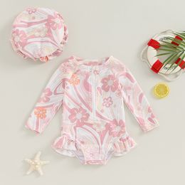ma&baby 6M-3Y Infant Newborn Toddler Baby Girl Swimsuit + Cap Flower Print Long Sleeve Zipper Swimwear Beachwear Bathing Suit