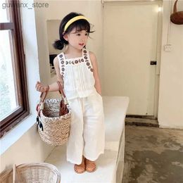 Clothing Sets Girls Clothes Sleeveless Suit 2024 Summer New Korean Girl Two Piece Clothes Embroidery Vest+ Wide-leg Pants Kids Suit Y240412