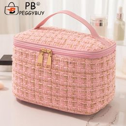 Women Travel Makeup Bag with Handle/Zipper Plaid Cosmetic Storage Bag Foldable Large Capacity Toiletry Bag Waterproof