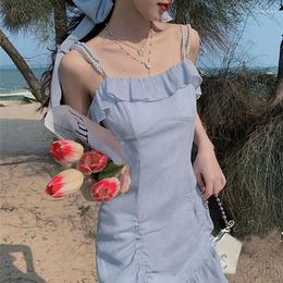 Casual Dresses One Piece Dress Korean Elegant Strap Women Square Collar Chiffon Lace Mini Beach Bandage Design 2024 Summer Sexy