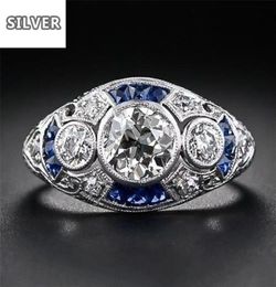 925 anillos Silver Retro Court Full Cubic Zirconia Ring For Women Ladies Elegant Blue Crystal Rings Banquet Sapphire Jewelry5793393