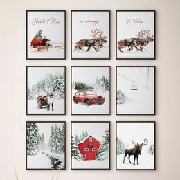 Christmas Winter Sonw Elk Sled Santa Claus Red House Poster and Canvas Printing Wall Art Picture for Gift Living Room Home Decor