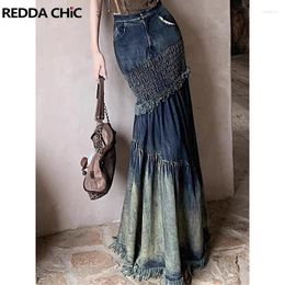 Skirts REDDACHiC Tall Girl Fishtail Denim Maxi Skirt Y2k Vintage Washed Blue Maillard Style Stitch Long Jeans Women Streetwear