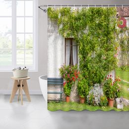 Spring Green Leaves Scenery Shower Curtains House Window Flower Plant Vine Courtyards View Bathroom Waterproof Polyester Curtain