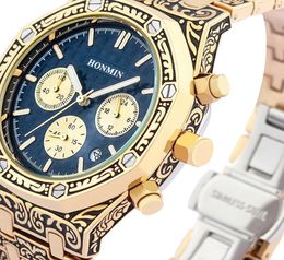 honmin Luxury Vintage Pattern Mens Quartz Watch Chronograph Dial Bracelet Watch Grande Tapisserie Pattern Watch1150979
