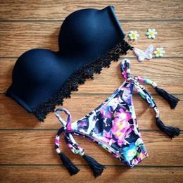 Women's Swimwear Triangle Straps Female Bathing Suit Thong Biquinis Bra M Floral Black Set Swimsuit Bikini Push-up