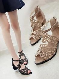 Casual Shoes Water Diamond Fish Mouth Sandals For Women's 2024 Summer Korean Style Fashion Hollow Out Large Heel Mid Back Zipper