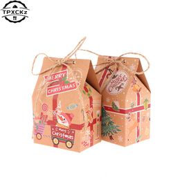 5Pcs Kraft Paper House Shape With Ropes Candy Gift Bags Cookie Bags Packaging Boxes Christmas Tree Pendant Party Decor