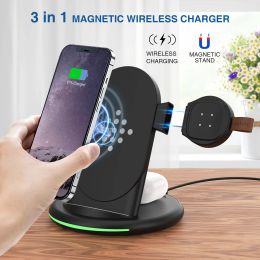 Chargers 15W Qi Fast Wireless Charger Stand For iPhone 13 12 X Apple Watch 3 in 1 Foldable Charging Dock Station for Fitbit Watch Charger