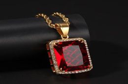 Gold Plated Mens Hip Hop Jewelry Blingbling Ruby Pendan Necklace European and American Style Crystal Hiphop Chain Necklaces1102510