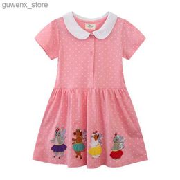 女の子のドレスジャンプメートル2-7t夏の女の子ドレス動物刺繍襟ボタンドットパーティーチルドレン服幼児フロックコスチュームY240412