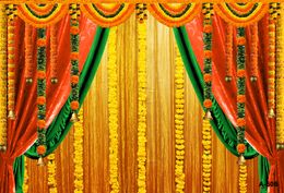 India Traditional Wedding Backdrop Yellow Flower Curtain Background for Hindu Indian Wedding Decor Marigold Puja Ganpati Wedding