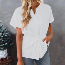 Women's Blouses Summer Fashion Slimming Tops For Women V-Neck Short Sleeve Solid Colour Crop Ladies Casual Button T-Shirt Female Clothing