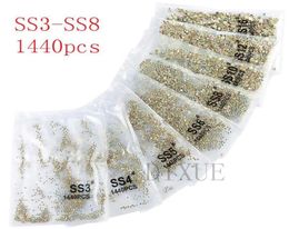SS3ss8 1440pcs Clear Crystal AB Gold Flack 3D Non Fix FlatBack Nail Art Decorations Rhinestones For Clothing 07316997592