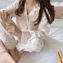 Home Clothing Korean Pyjama Mujer Floral Sweet Heart Print Cotton Yarn Sleepwear Set Long Sleeve Cardigan Homewear Skin-Friendly Breathable