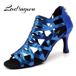 Dance Shoes Ladingwu Woman Latin Blue Glitter And Satin Sandals For Ballroom Dancing Heel Women Salsa