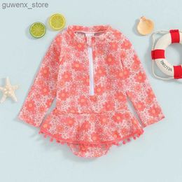 Pieces 18m-6t Girls Summer Summer Pink Swimsuit fofo estampa floral fofo Floral Integrated Swimsuit Longo Manata Longa Guarda Ráh Sapi-Swimsuit Y240412