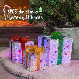 LED Light Up Christmas Present Boxes With Bows Glowing Christmas Tree Decor Home Theme Party Supplies Outdoor Navidad Decoration