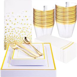 Disposable Dinnerware 176Pcs Gold Plates - Square Party And Cups Napkins Sets Dinner Dessert
