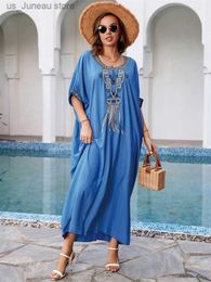 Basic Casual Dresses Chic Blue O-Neck Embroider Beach Kaftan Dresses For Women Beachwear 2024 Summer Autumn Retro Robe Loose House Dress Q1585 T240412