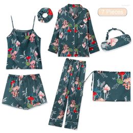 Home Clothing Woman Pyjama Set Silk Full Shorts Spaghetti Strap Suit Summer Spring Autumn Winter 7 Piece Floral Female Lovely Pyjamas