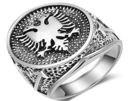 High Quality European Albanian Flag Sign Double Eagle Ring Men039s Ancient Silver Vintage Rings For Men Gift9431336