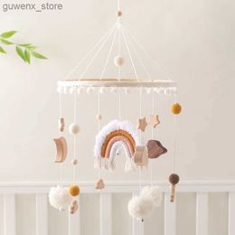 Mobiles# Baby Rattle Toys 0-12Months Wooden Crib Mobile Bed Bell Soft Felt Rainbow Clouds Hanging Bed Bell Mobile Crib Bracket Baby Gifts Y240412
