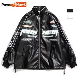 Embroidery Leather Jackets Men Women Racing Patchwork High Street Autumn Oversized Y2k PU Baseball Coat Vintage Outwear Couple