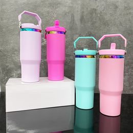 large capacity best value gifts double walled Stainless Steel Tumbler 30 oz Laser Engrave Rainbow tumbler with Flip Straw and Top Handle,sold by case
