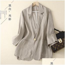 Womens Suits Blazers Spring Summer Thin Blazer Coat Literary Casual Commuting Jacket Seven-Minute Sleeve Loose Single-Button Tops Drop Otqyt