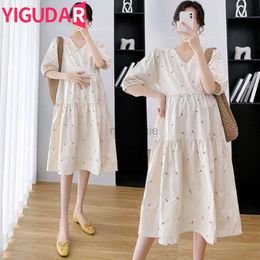 Maternity Dresses 2023 Summer Korean Fashion Maternity Long Dress Elegant Party A Line Short SleeveClothes for Pregnant Women Ins Pregnancy 24412