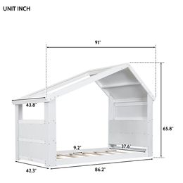 Floor Bed with Stylistic Design Twin House Floor Bed with Roof Window, LED Light,Easy Assembly,Suitable For Kids,Youth Bedroom