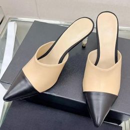Slippers 2024 Summer Women High Heel Sexy Pointed Toe Nature Leather Quality Female Outwear Runway Dress Shoes