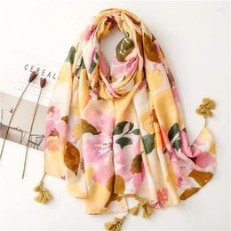 Scarves 2024 Ink Painting Floral Tassel Viscose Shawl Scarf Lady High Quality Pashmina Hijab And Wraps Foulard Muslim Sjaal