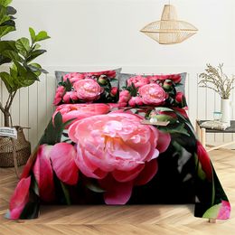 Red Peony Flower Queen Sheet Set Girl, Lovers Room Bedding Set Bed Sheets and Pillowcases Bedding Flat Sheet Bed Sheet Set