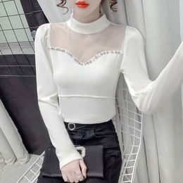 Women's 2024 New Spring And Autumn Design With Plush Half High Neck Bottom Shirt And Small Style Mesh Top
