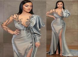 2021 Silver Sheath Long Sleeves Evening Dresses Wear Illusion Crystal Beading High Side Split Floor Length Party Dress Prom Gowns 2944055