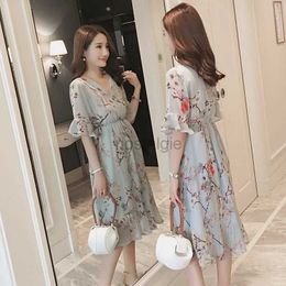 Maternity Dresses Pregnant Womens Clothing Summer New Korean Version Fashionable Floral Chiffon Pleated Maternity Dress 24412