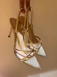 Elegant Brand Gianvito Rossi Chain Stiletto Sandals Shoes Women Golden Chain Side Straps Pointed Toe Sexy Pumps Party Wedding High Heels EU35-41