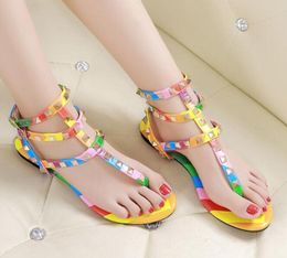 Quality Fashion Rainbow Color Sandals Women Designer Brand Rivets Flip Flops T Strap-sandals Ankle Belt Roman Shoes3316482