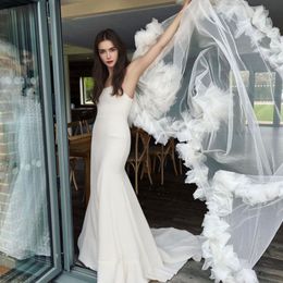 V208 Long Bridal Veils 2 Tier Wedding Veil Drop Style 3D Flower Trimmed Blusher Veil Cathedral Length Soft Tulle Bride Accessory