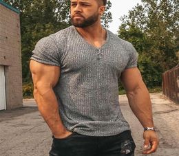 Men V Neck Short Sleeve T Shirt Fitness Slim Fit Sports Strips Tshirt Male Solid Fashion Tees Tops Summer Knitted Gym Clothing 221940983