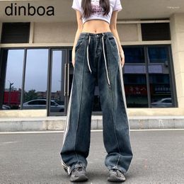 Women's Jeans Dinboa Vintage Striped Patchwork Wide Leg For Women American-style Straight Pants Long Denim Trousers