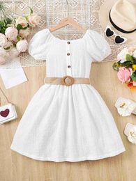 Girl's Dresses Child Girl Summer Princess Dress Short Sleeved Plain Colour Skirt with Belt Banquet Party Daily Clothing for Kids Girl 8-12Years Y240412