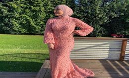 2021 Mermaid Prom Dresses Long Sleeve Jewel Sweep Train Lace 3D Floral Muslim Formal Evening Party Gowns Special Occasion Dress7159208