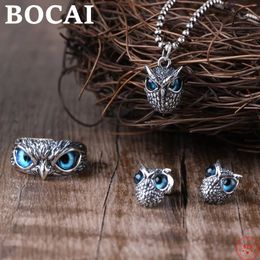 BOCAI S925 Sterling Silver Rings Fashion Personality Owl Head Zircon Solid Adjustable Argentum Jewellery for Women Men240412