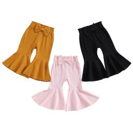 Pants Infant Girl Flare Pants Solid Colour Ribbed Trousers Bowknot Elastic Waist Fall Bell Bottom