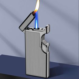 New Metal Windproof Blue Flame Direct Charge Double Fire Lighter Butane Without Gas Outdoor Cigar Lighter Visible Air Bin Men's Gift
