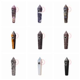 Handmade Colourful Smoking Crystal Natural Gemstone Stone Pipes Diamond Portable Replaceable Dry Herb Tobacco Philtre Mesh Screen Spoon Bowl Cigarette Holder