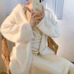 Women's Knits Mohair White Cardigan 2024 Autumn Long Sleeve Mid-length Plush Knit Cardigans Elegant Temperament Sweater Pearl